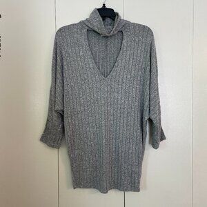 Medium Gray Knit Stretchy Turtleneck Loose Fit Sweater ¾ Sleeves with Cut-out -